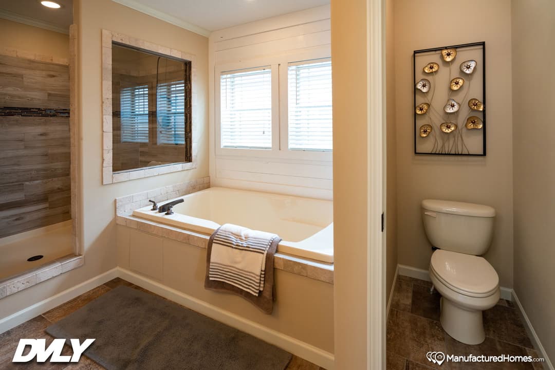 The adriel corner ½ rock fireplace bathroom home features